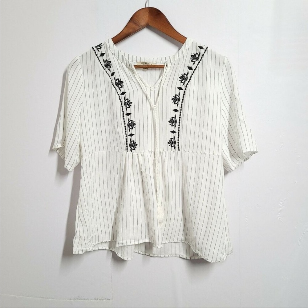 Polagram Womens Peasant Top Boho Flowy Blouse Size Large White Embroidered Black